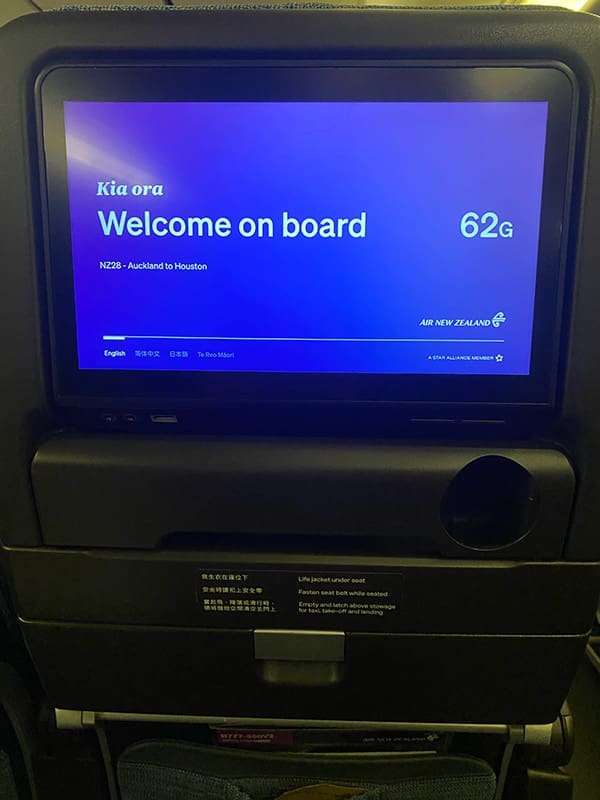62G seatback screen in international economy on Air New Zealand B767-300ER aircraft. Image: Cassie Tannenberg