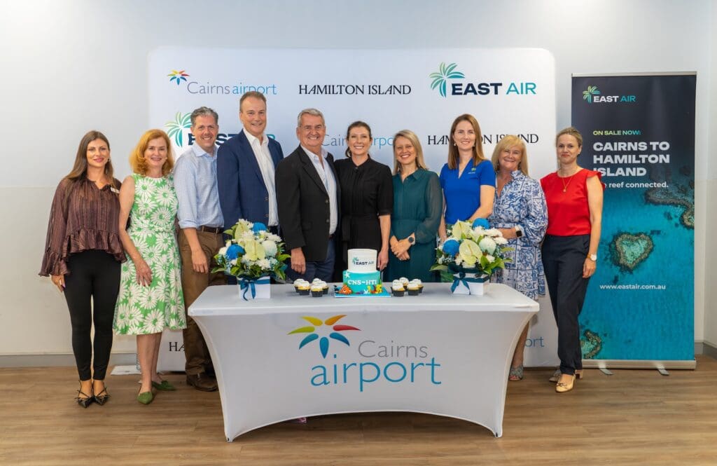 IMG 19 – (L-R) Tourism Port Douglas Daintree (TPDD) Marketing and Partnership Executive Michela Scacchi, Advance Cairns CEO Jacinta Reddan, Tourism Tropical North Queensland (TTNQ) CEO Mark Olsen, Cairns Airport Head of Airline Partnerships David Nye, East Air Managing Director Alan Milne, East Air Marketing Manager Nell Milne, Assistant Tourism Minister for Queensland Bree James, Mayor of Cairns Amy Eden, Cairns Chamber of Commerce CEO Patricia O’Neill and Tourism and Events Queensland (TEQ) Destination Partnerships Director Martina Neidig-Quinlan celebrated the inaugural East Air flight from Cairns Airport to Hamilton Island on Monday 3 November. (Picture: Bang Media).
