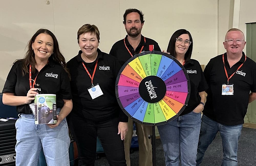 Travellers Choice members volunteered to run the chocolate wheel to raise funds for Bong Bong: (L-R) Michelle Barker (EMBARK travel, Newcastle), Caroline Sage (Panorama Cruise & Travel, Bathurst), Aaron Rogers (EMBARK travel), Zoe Eagleton (Riverland Travel, Maclean) and Andrew Minto (Home and Afar Travel, Newcastle).