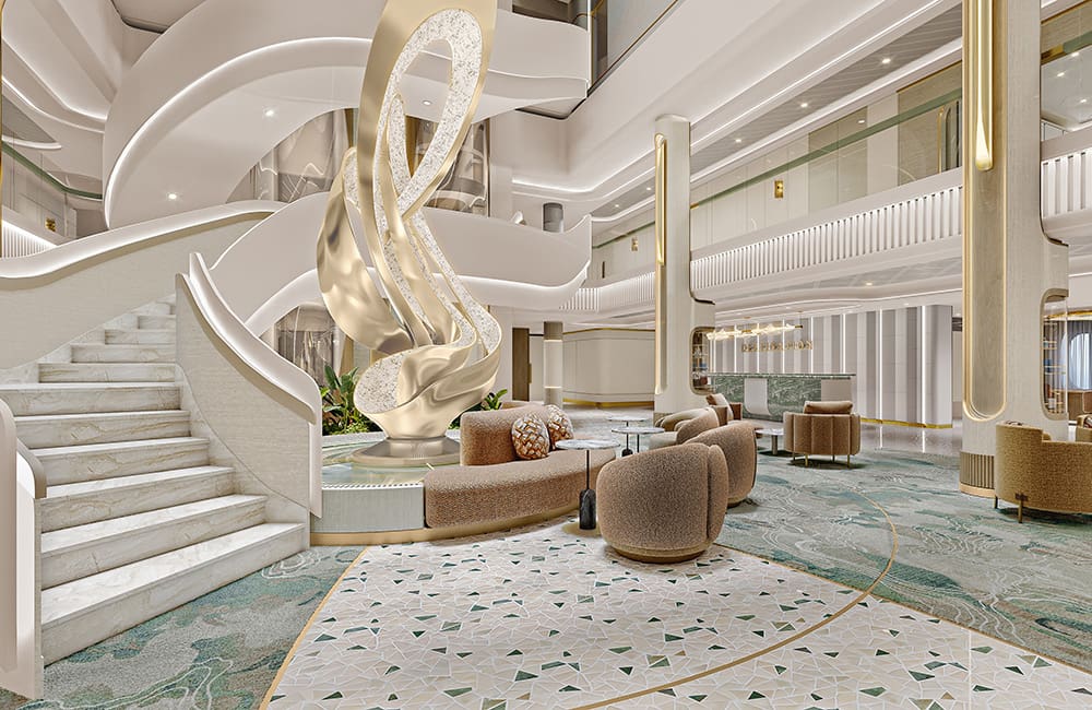 Render of the Atrium on Oceania Sonata.
