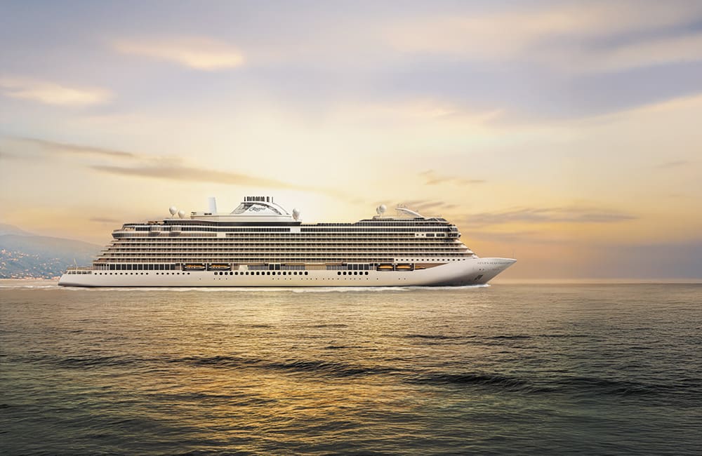 Render of Regent Seven Seas Cruises Prestige Class ship at sea.