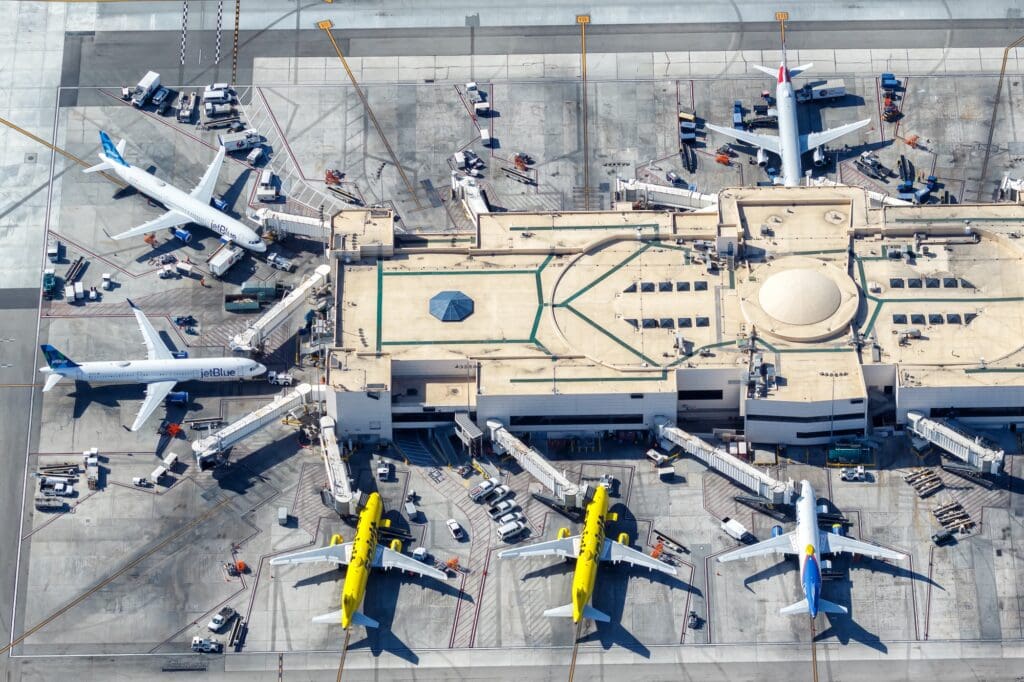 Los Angeles, United States - November 4, 2022: Airplanes from jetBlue and Spirit Airlines at Los Angeles Airport (LAX) aerial view in the United States. (Image Markus Mainka / Shutterstock.com)