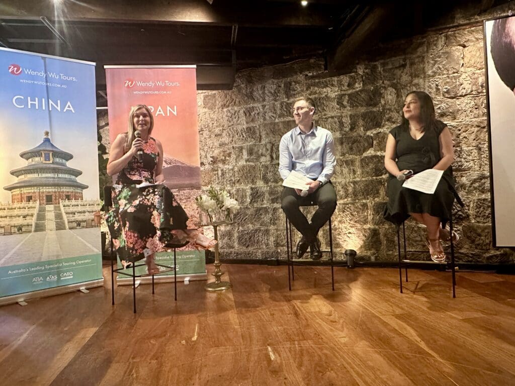 (l-r) Seven Communications MD Patrice Pandeleos, Wendy Wu Tours MD Australia Simon Bell and Wendy Wu Tours Head of Product, Australia Sonia Orrego.