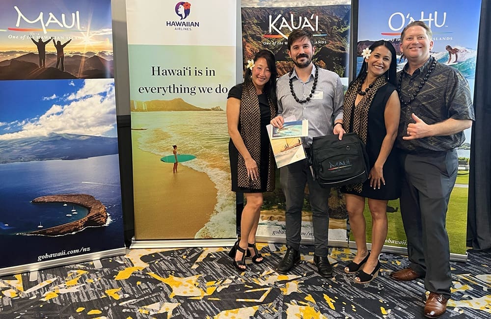 Month of Lei Brisbane winner Alex Forgan (Flight Centre, second from left) with Maile Brown (Kaua‘i), Karishma Chowfin (O‘ahu) and Brent Lausterer (Maui).